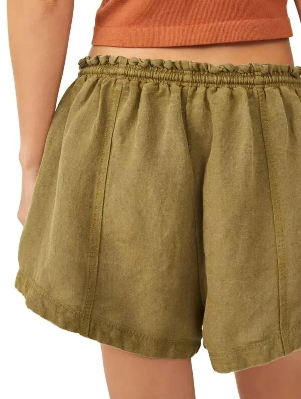 Free People Mirella Linen Blend Drawstring Shorts Size Medium Viper Olive Green